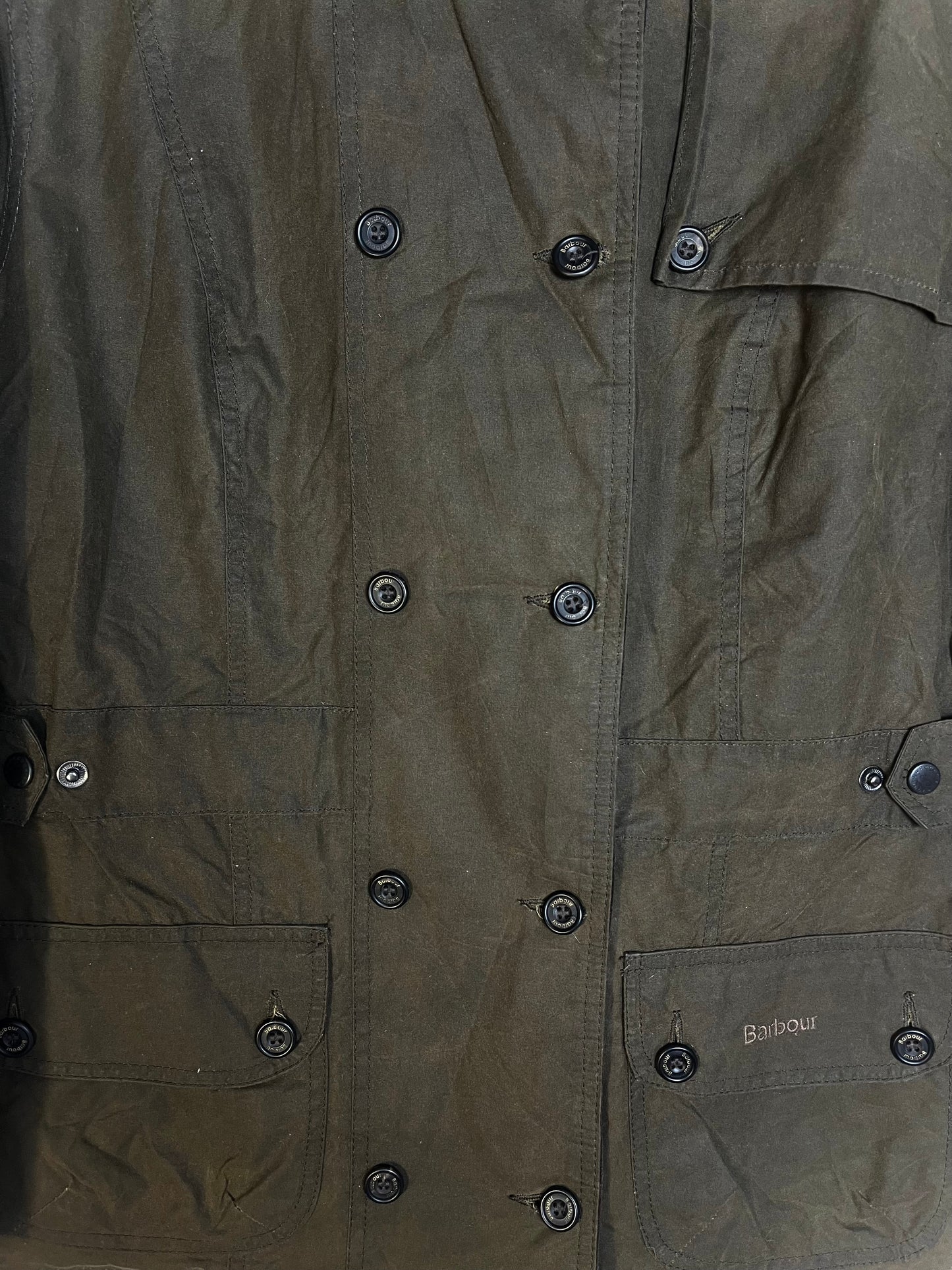Barbour Wax Jacket Double Breasted Olive UK14 Women Vintage 2000 Waxed Cotton