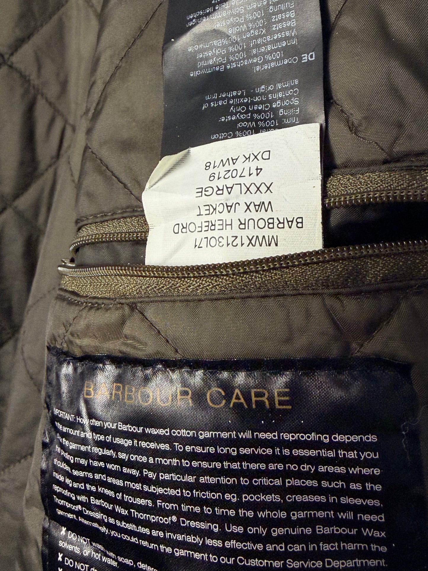 Vintage Barbour Hereford 3XL Olive Wax Jacket Quilted Lined Leather Trim