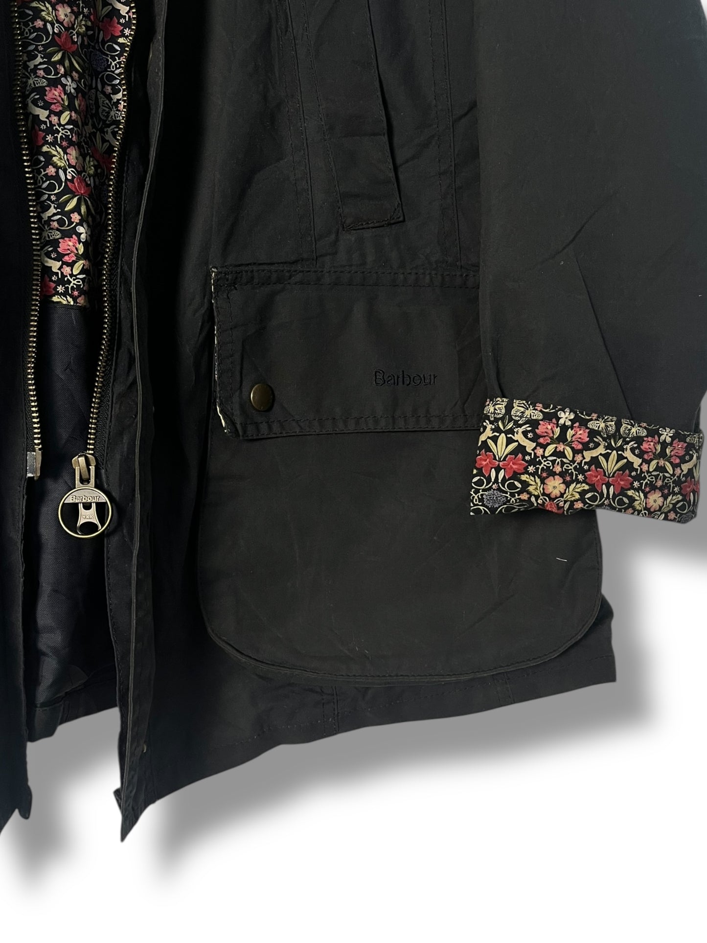 Barbour Beadnell Ladies Wax Jacket – UK 18 / Navy Blue Floral Lining