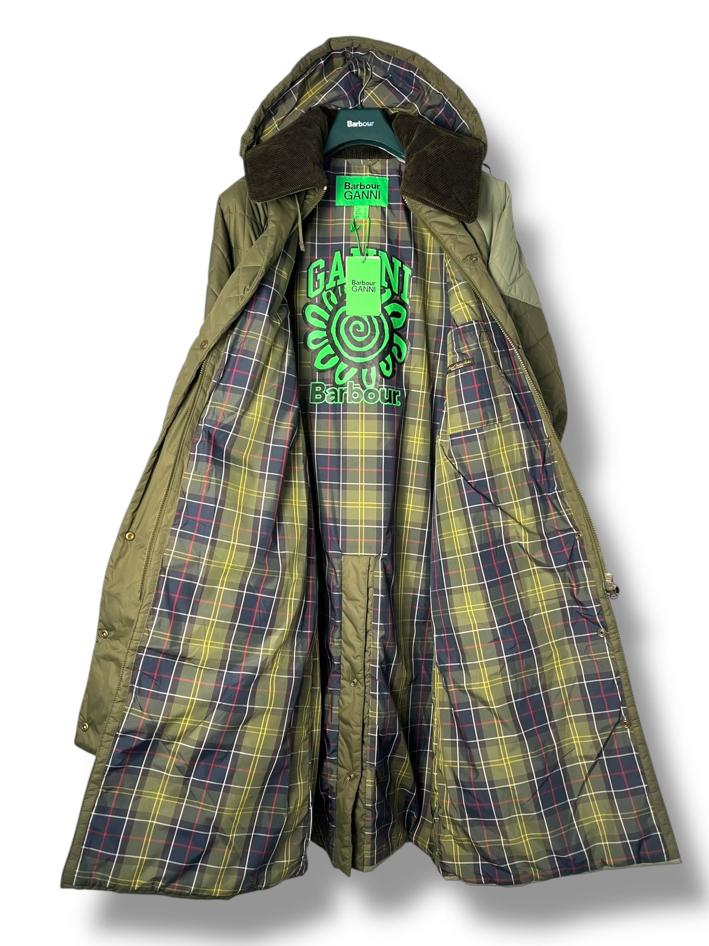 Lady Barbour x GANNI Quilted Burghley Coat – Olive – UK12