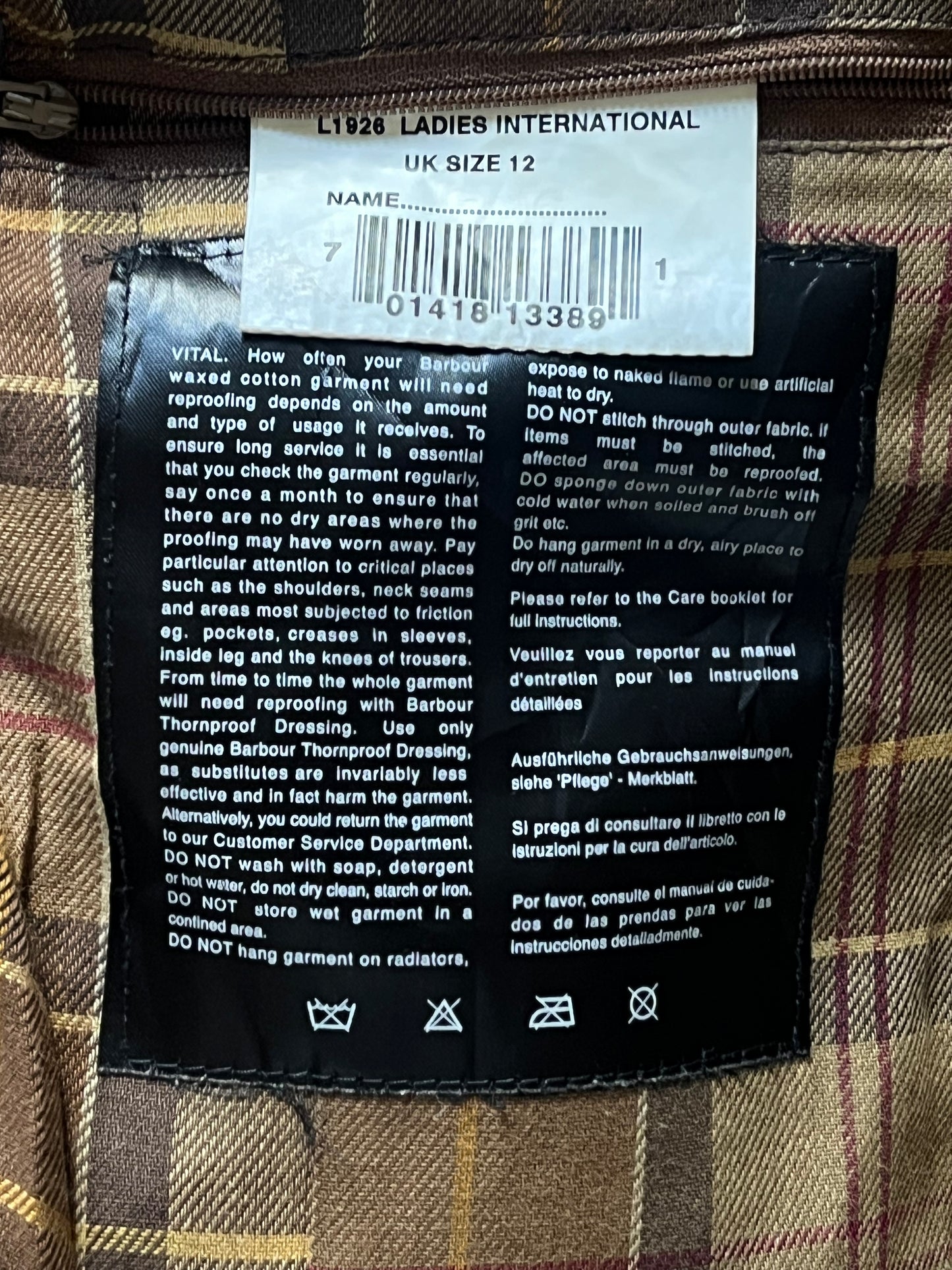 Barbour International Suit Ladies Wax Jacket – UK 12 / Sandstone