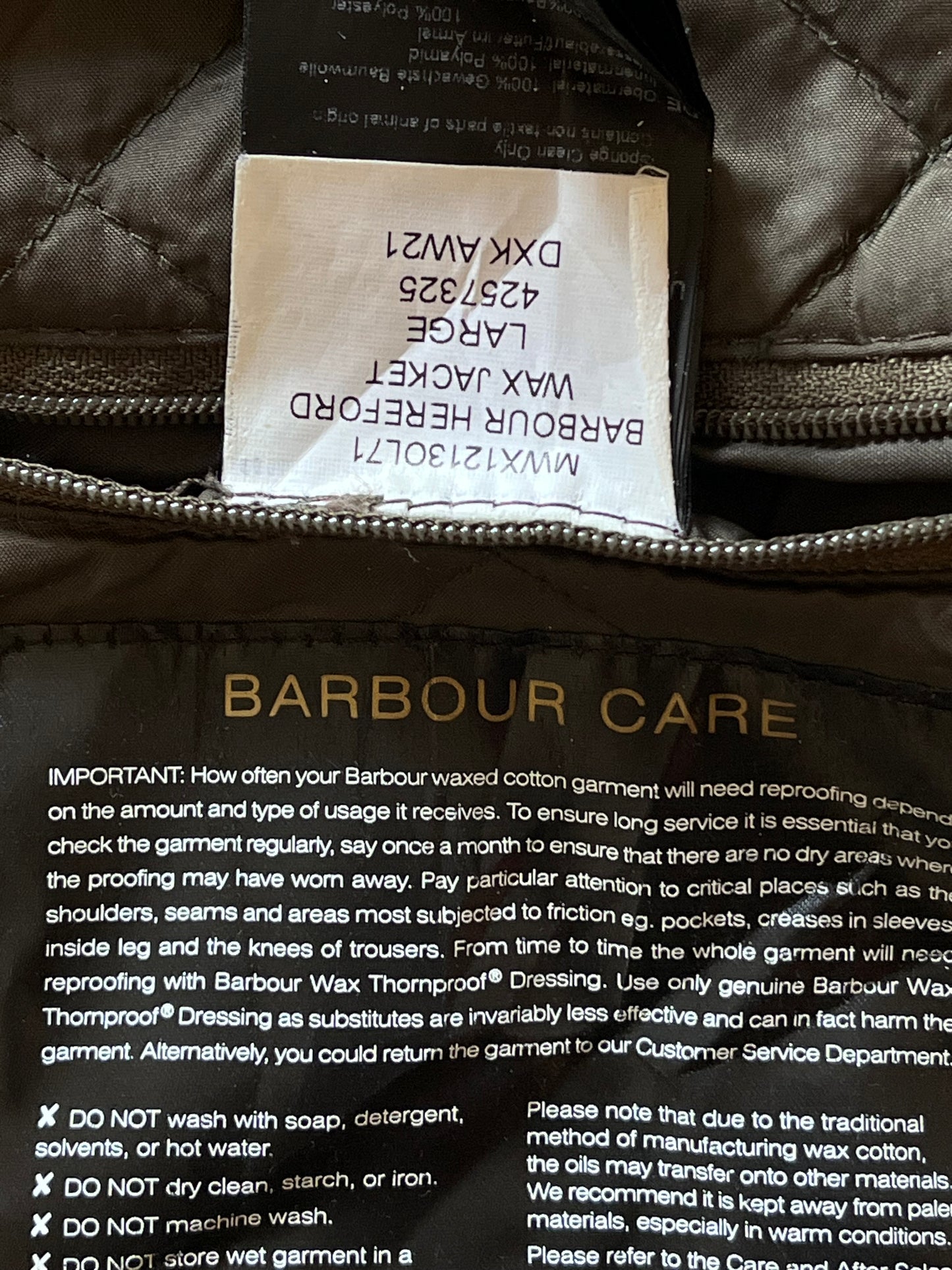 Barbour Hereford Wax Jacket – Olive – Size L