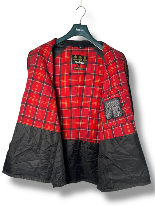 Barbour Ashby Black Wax Jacket Red Tartan Lined Size L 2016