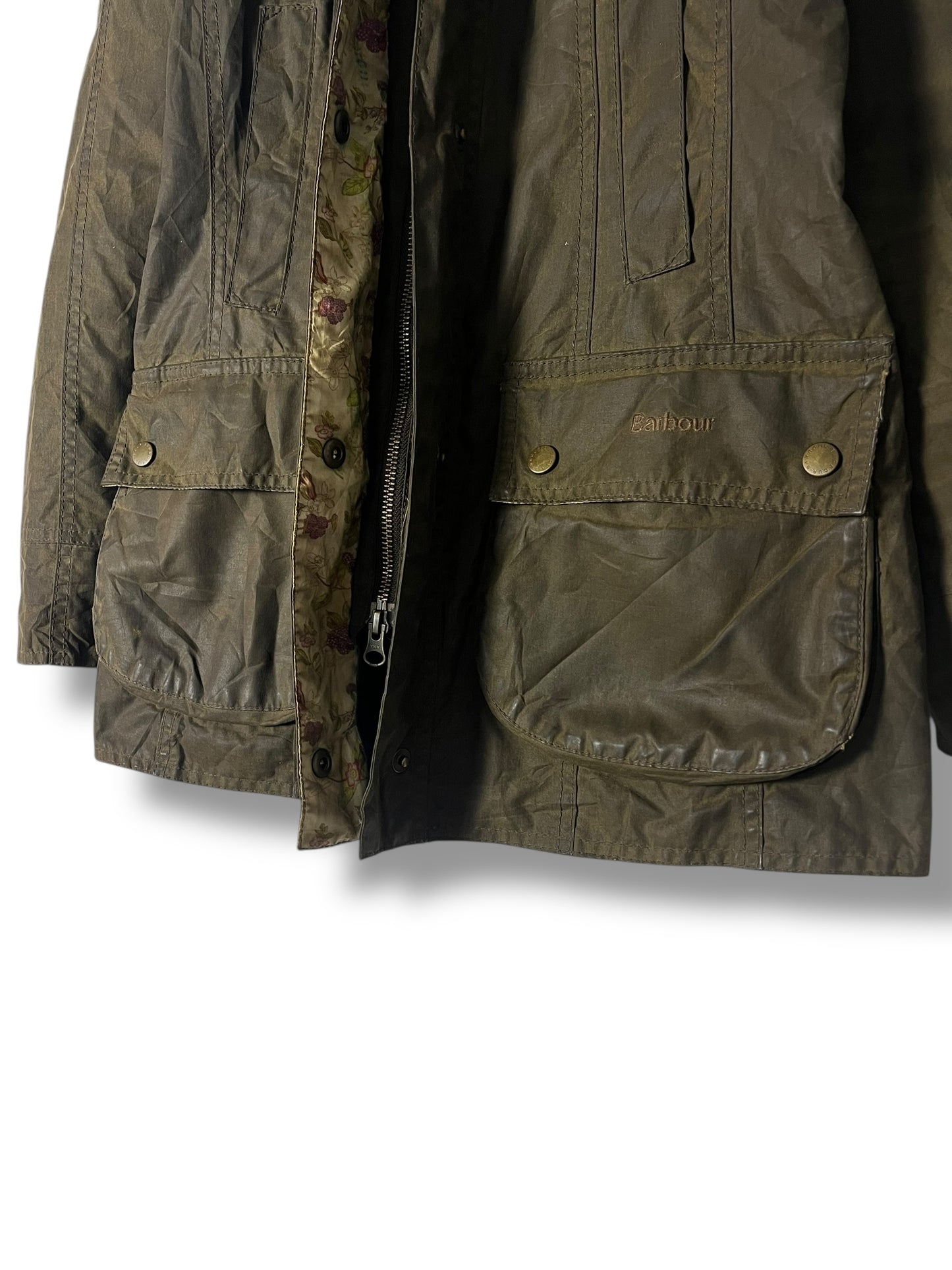 Barbour Beadnell Wax Jacket – Olive Floral (UK 8 / EU 36)