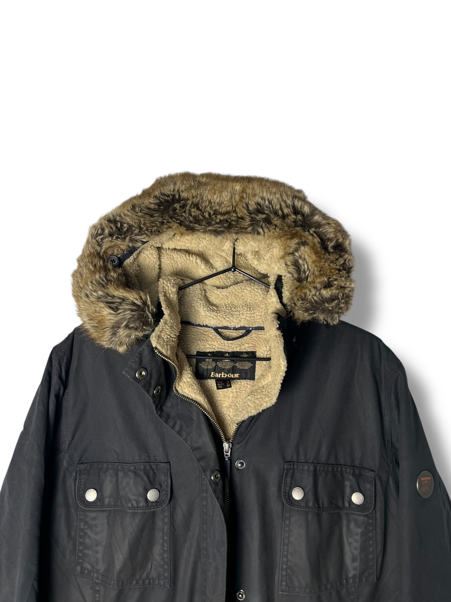 Barbour Carribena Wax Jacket Navy Sherpa Parka Women UK14 Rare
