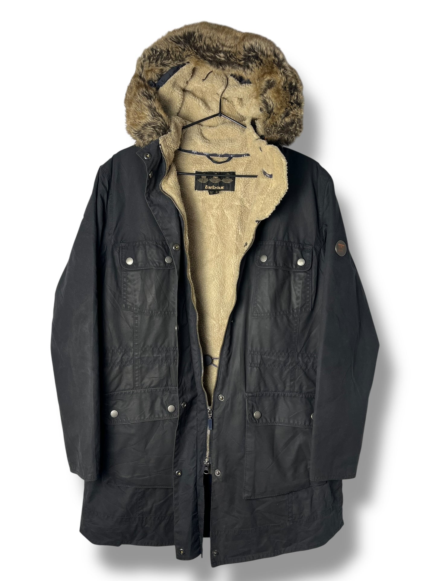 Barbour Carribena Wax Jacket Navy Sherpa Parka Women UK14 Rare