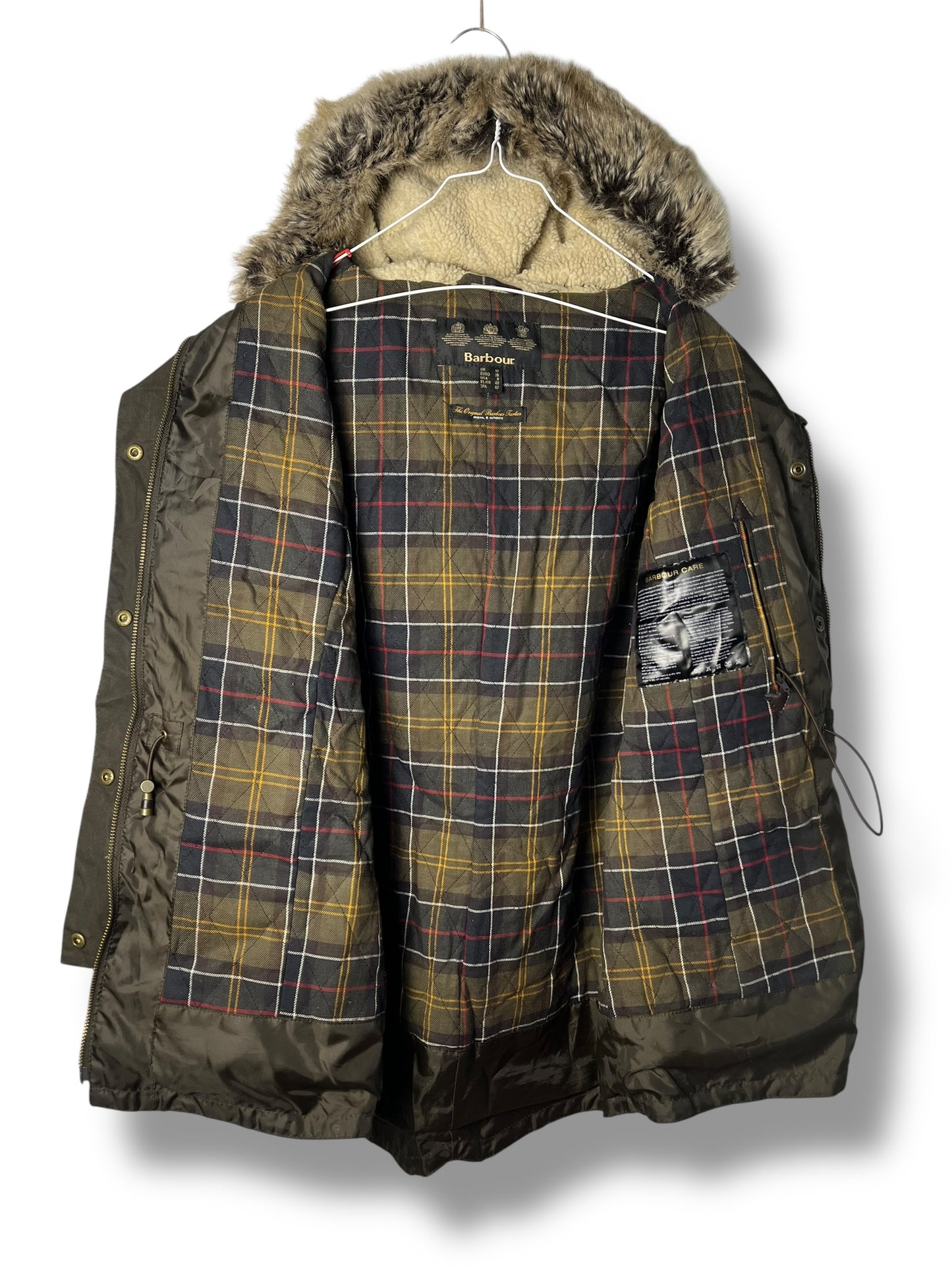 Barbour Kelsall Wax Parka Olive Women Size 12 Large Hooded Fur Lined UK