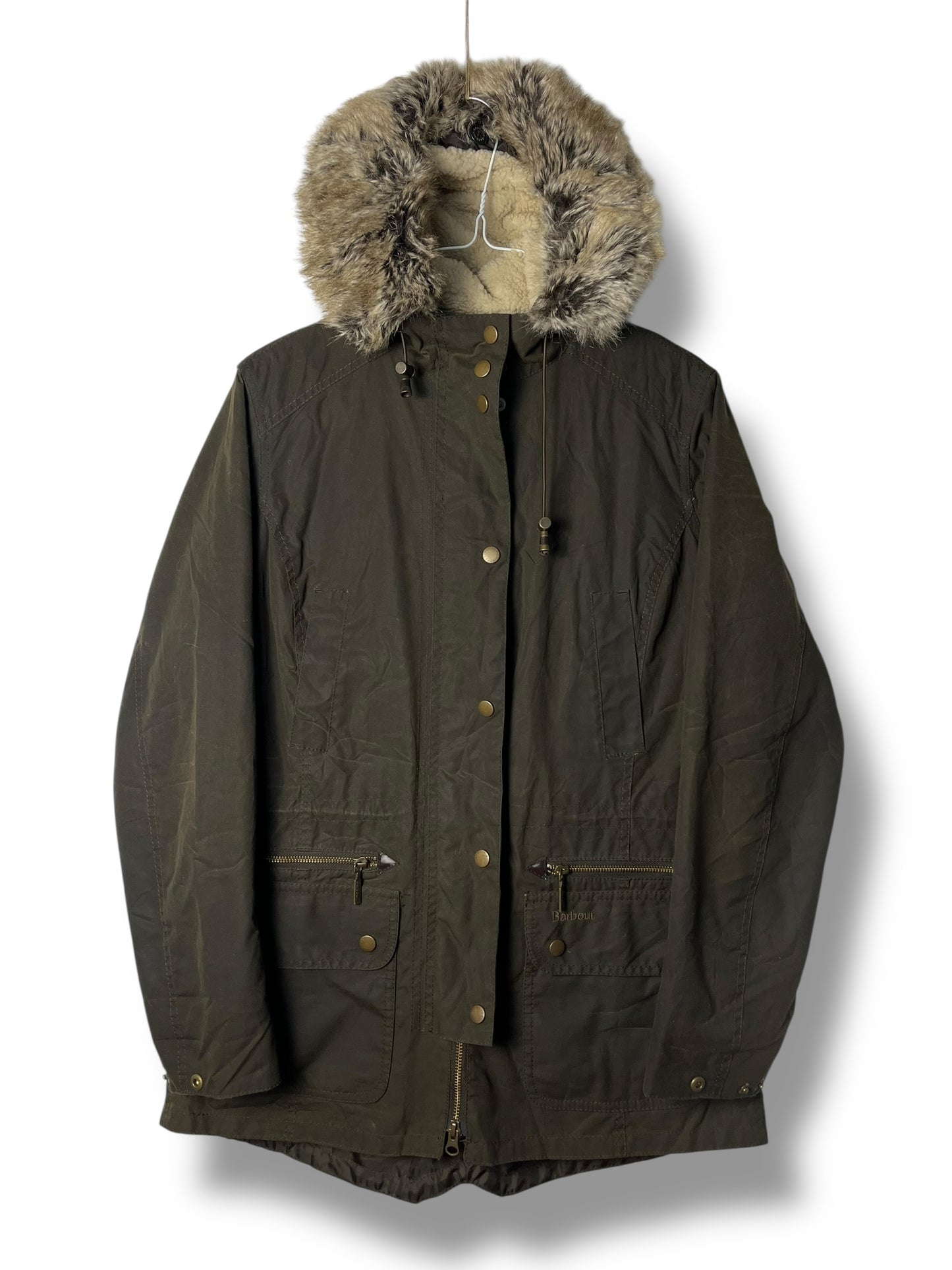 Barbour Kelsall Wax Parka Olive Women Size 12 Large Hooded Fur Lined UK