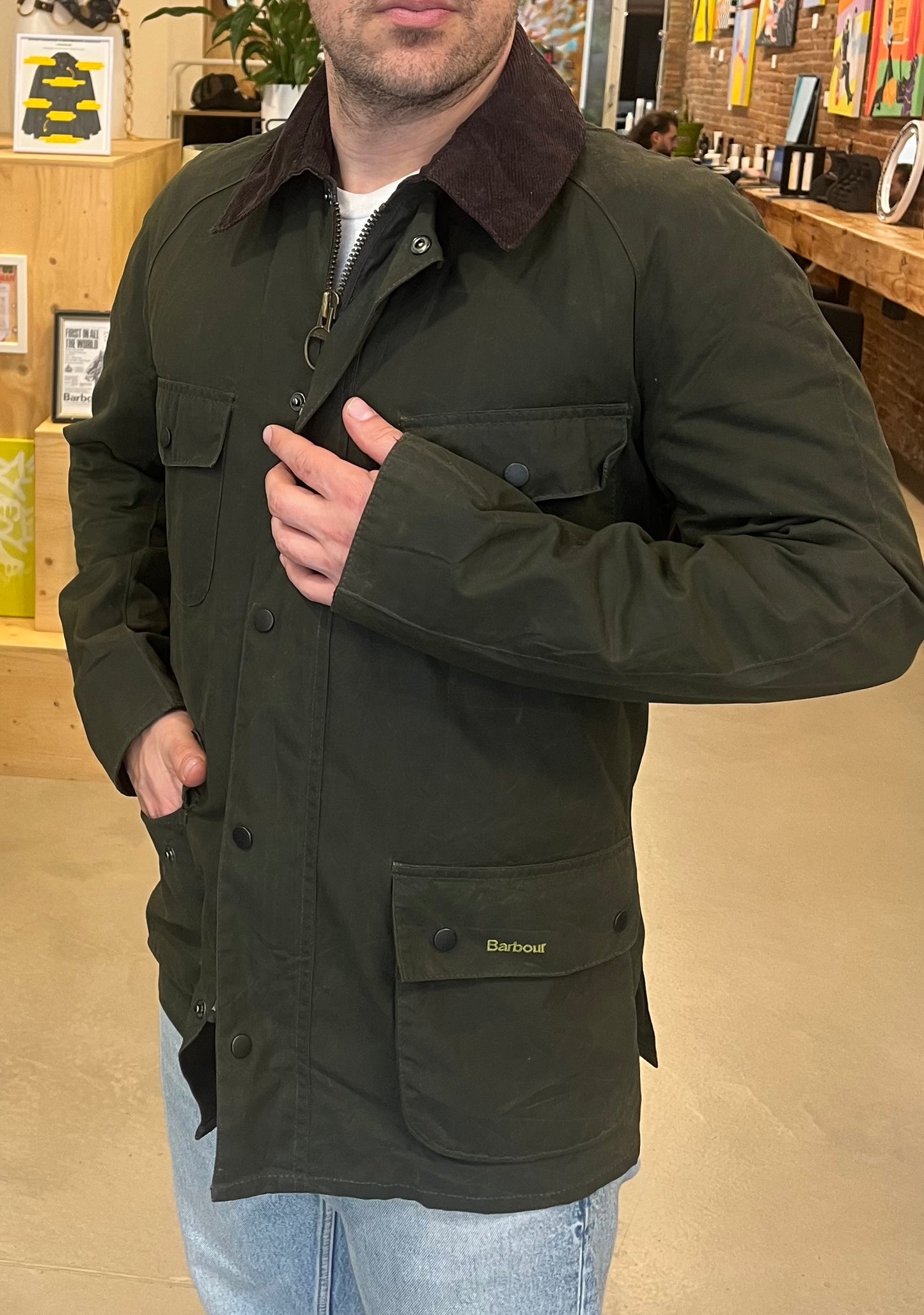 Barbour Retail Frazer Wax Jacket Sage Green M YKK 4 Pockets