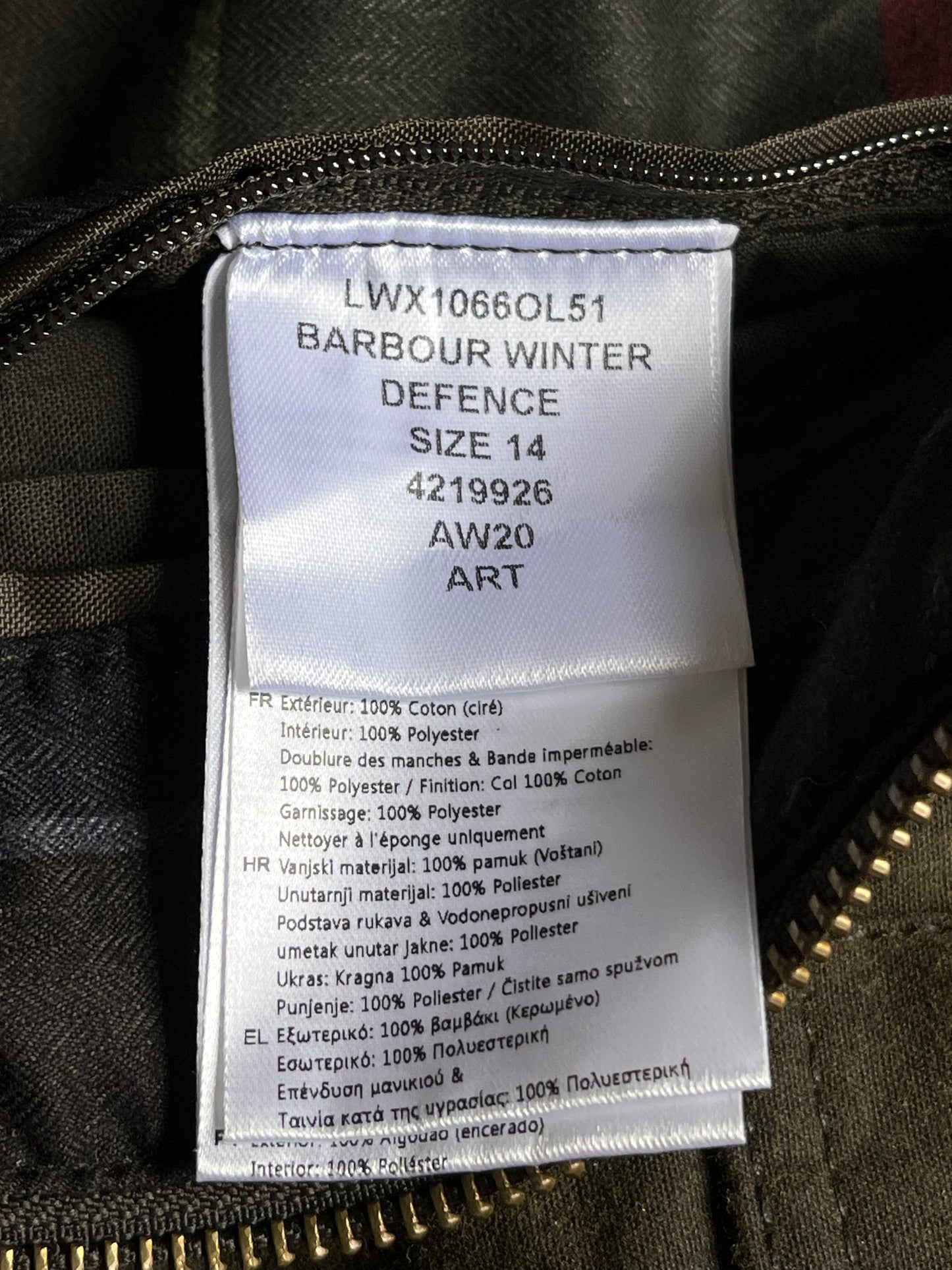 Barbour Defence Wax Jacket – Olive Green – Size 14 (UK)