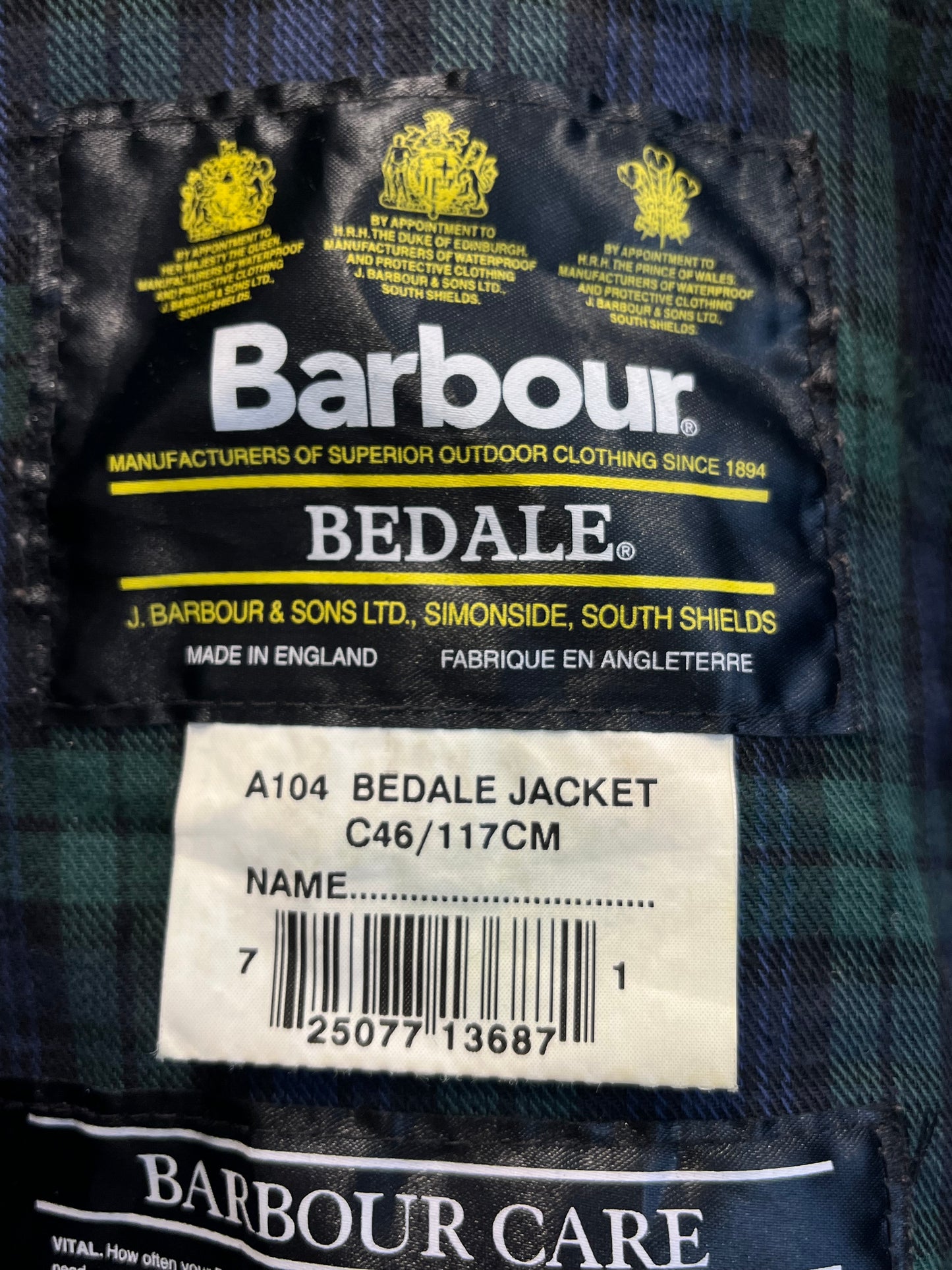 Barbour Bedale C46 Black Waxed Jacket 2000 Black Watch Tartan
