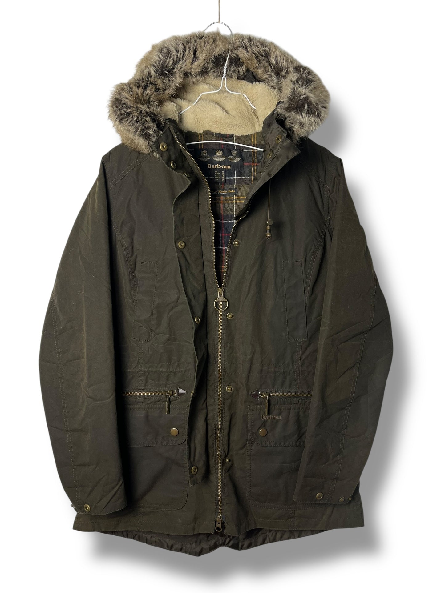 Barbour Kelsall Wax Parka Olive Women Size 12 Large Hooded Fur Lined UK