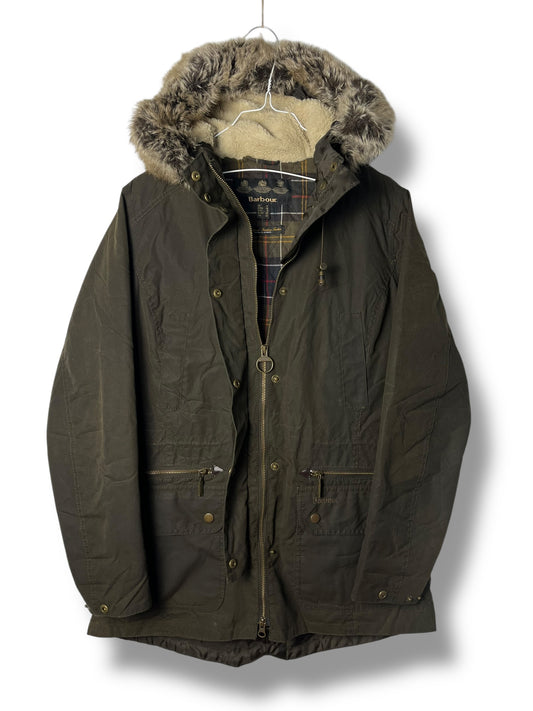 Barbour Kelsall Wax Parka Olive Women Size 12 Large Hooded Fur Lined UK