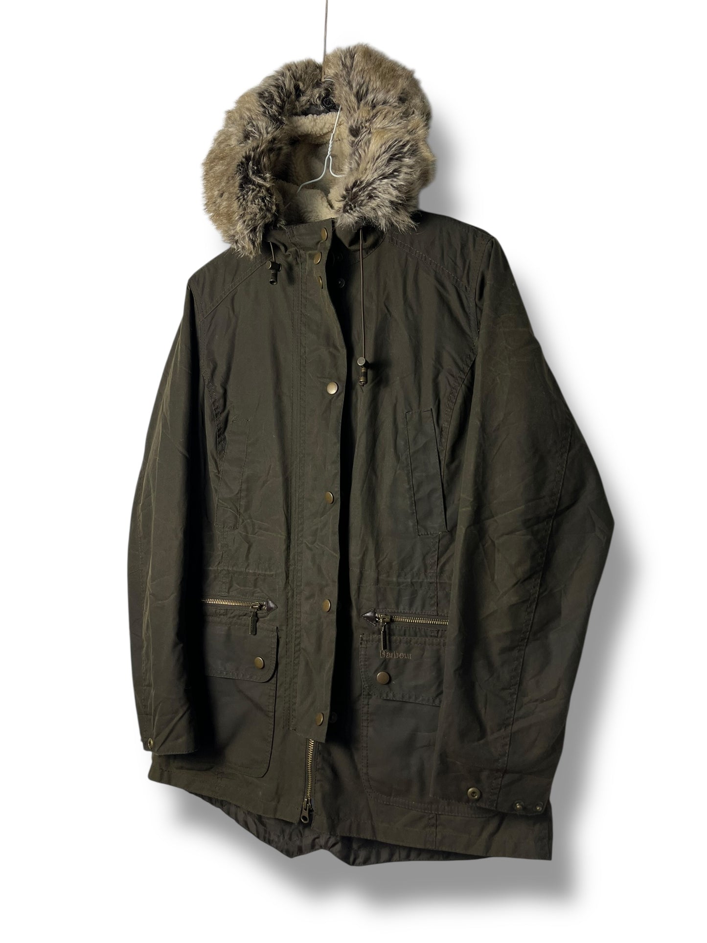 Barbour Kelsall Wax Parka Olive Women Size 12 Large Hooded Fur Lined UK