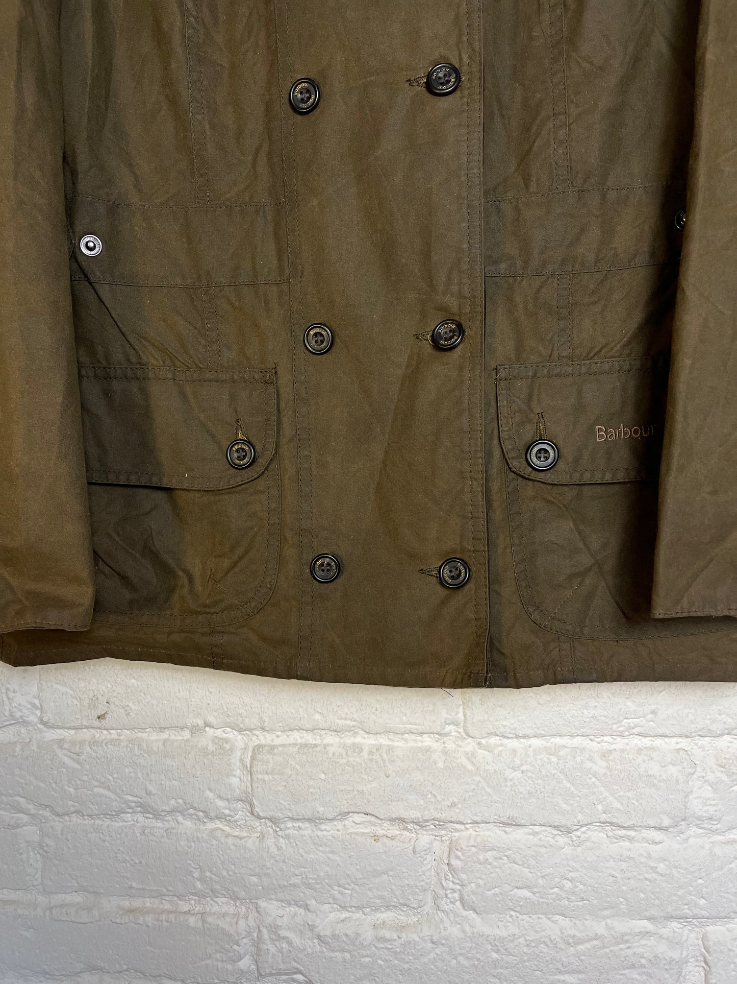 Barbour Wax Jacket Double Breasted Olive UK14 Women Vintage 2000 Waxed Cotton