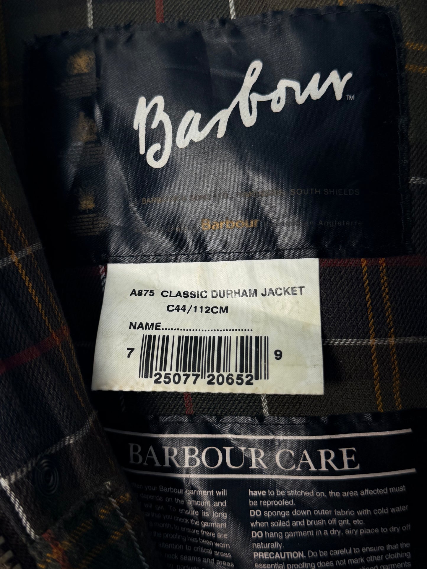 Barbour Classic Durham Wax Jacket – Olive – C44 / XL