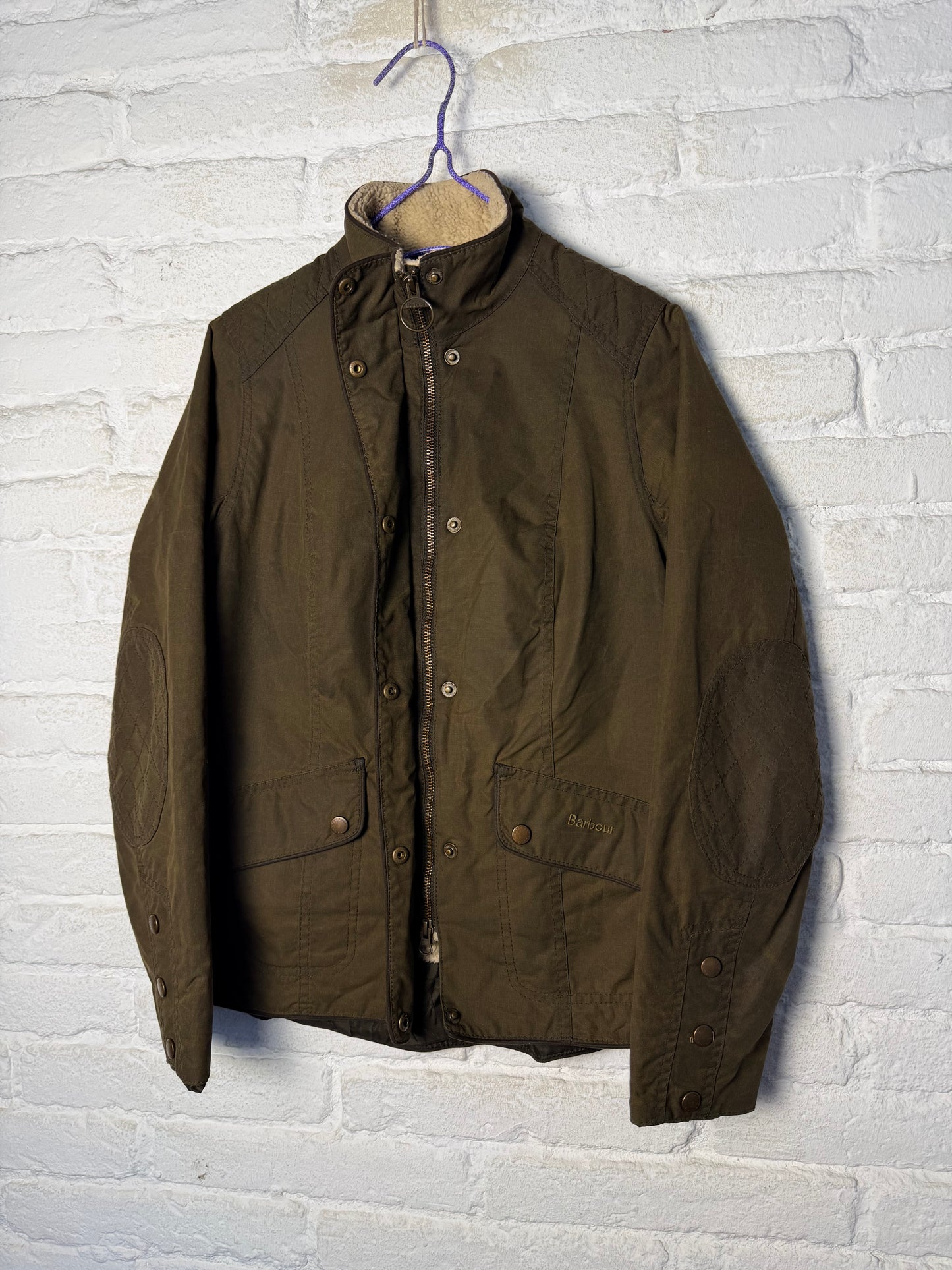 Barbour Lady Brocklane Wax Jacket Olive UK 8 – Sherpa Lined Military Style