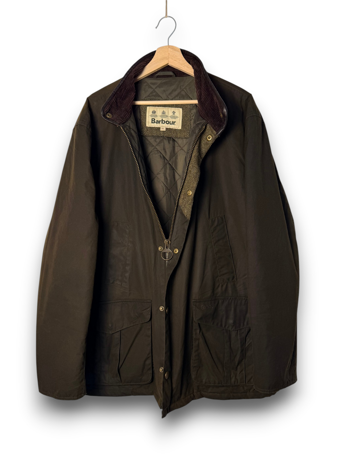 Vintage Barbour Hereford 3XL Olive Wax Jacket Quilted Lined Leather Trim
