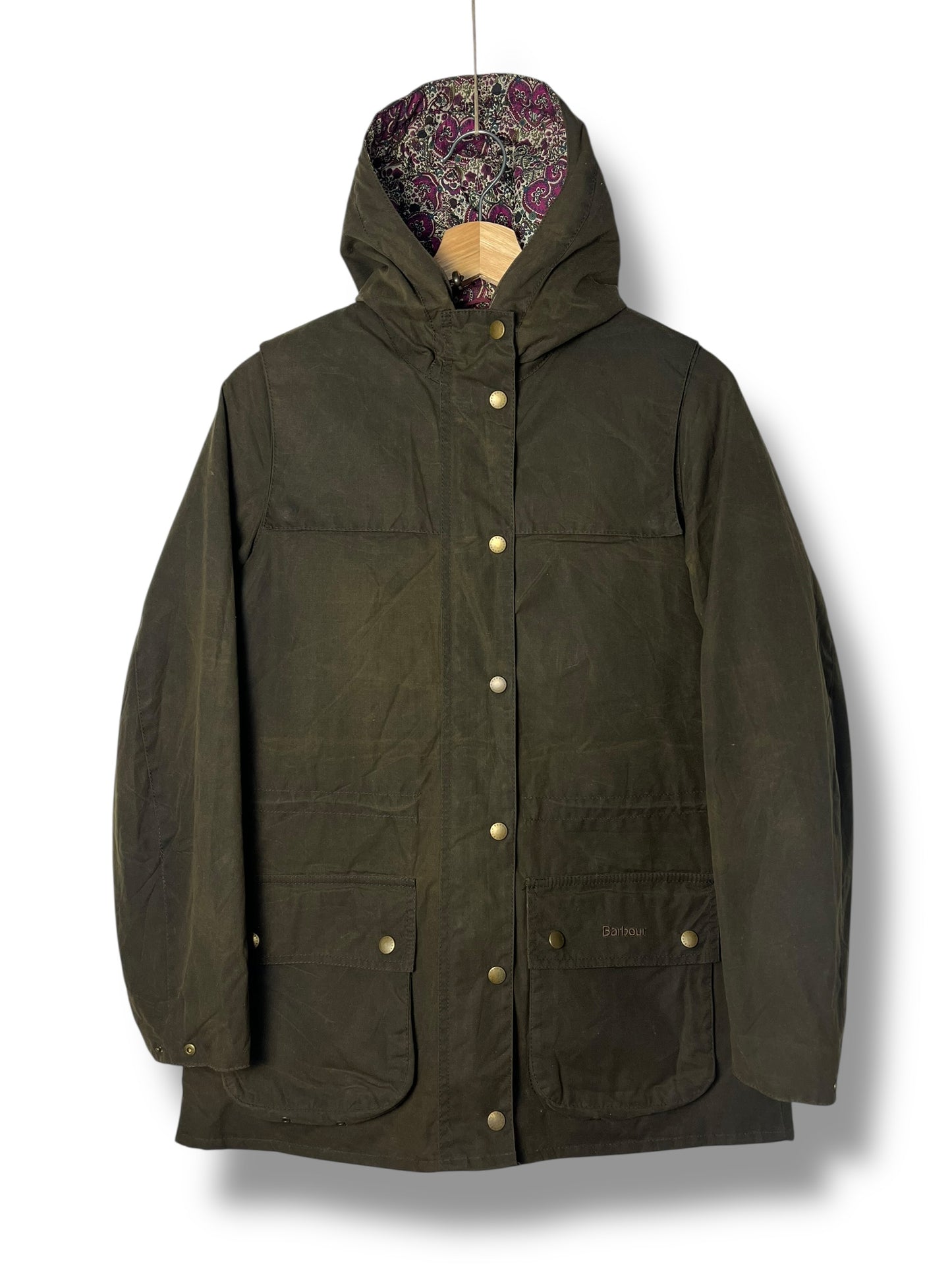 Barbour Blaise Wax Jacket Olive Liberty Fabric Women UK8 Hooded Waxed Cotton