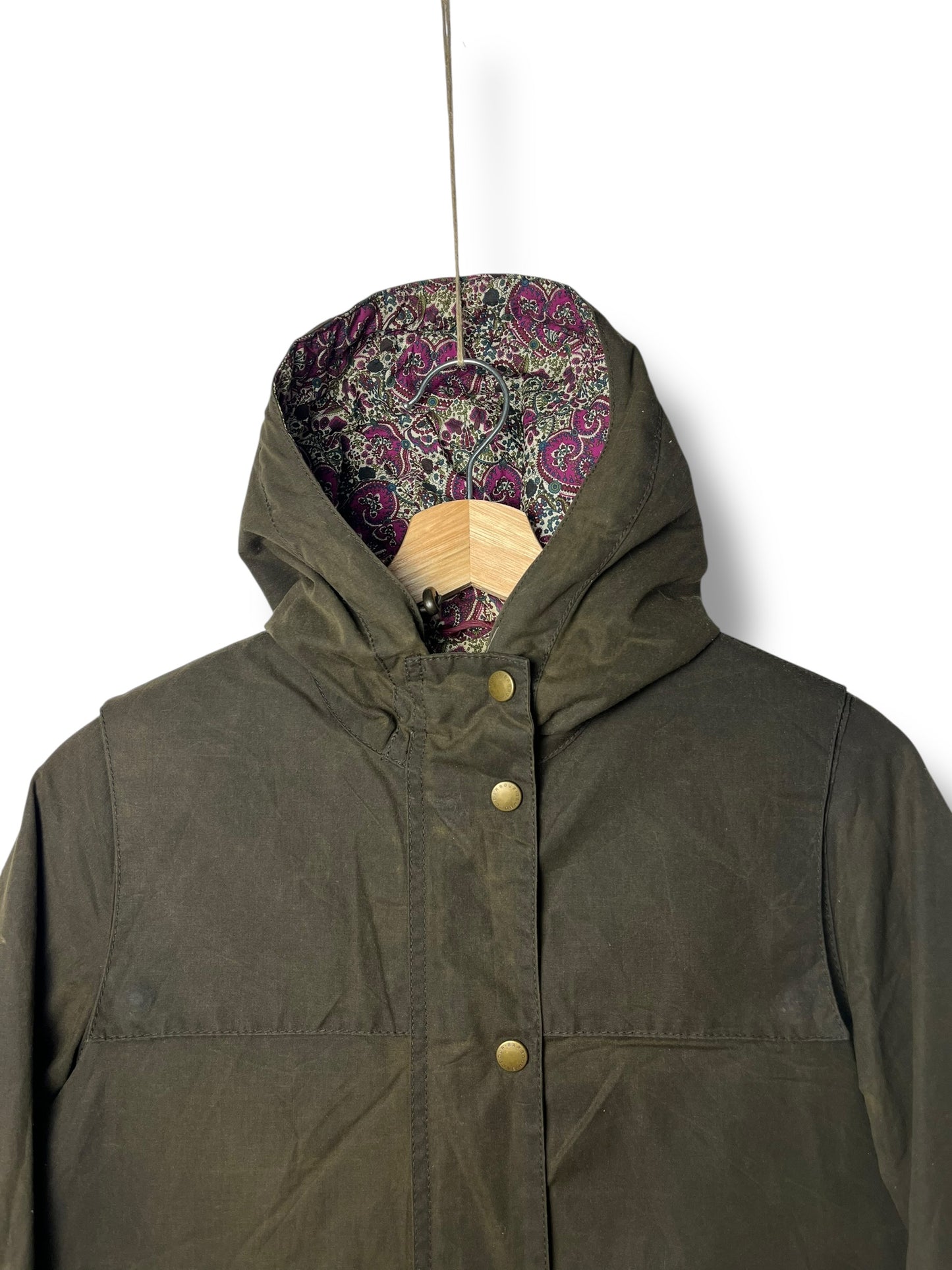 Barbour Blaise Wax Jacket Olive Liberty Fabric Women UK8 Hooded Waxed Cotton