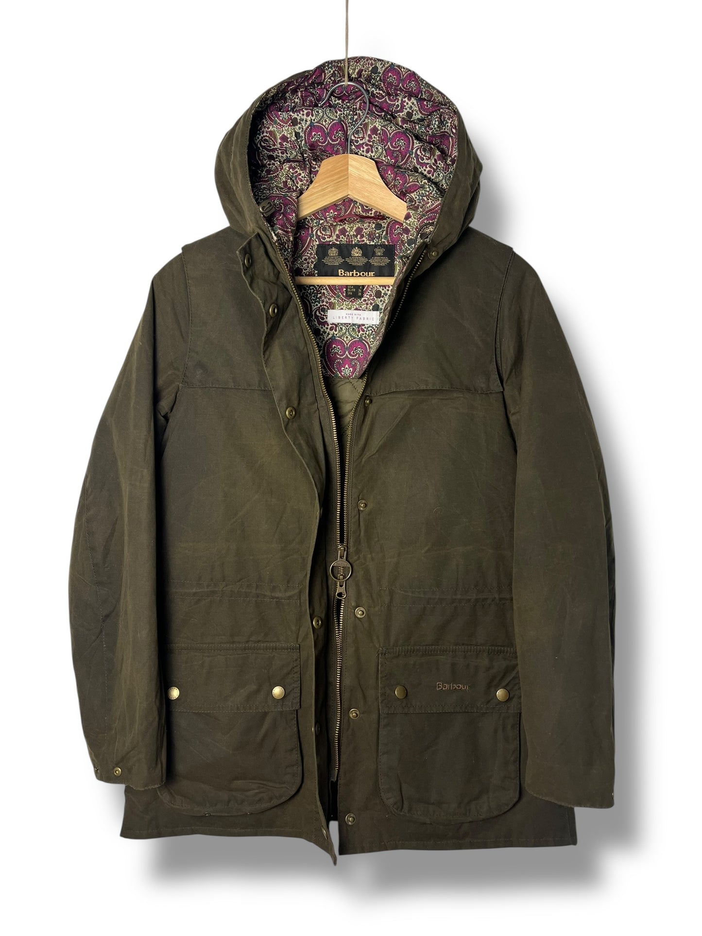 Barbour Blaise Wax Jacket Olive Liberty Fabric Women UK8 Hooded Waxed Cotton