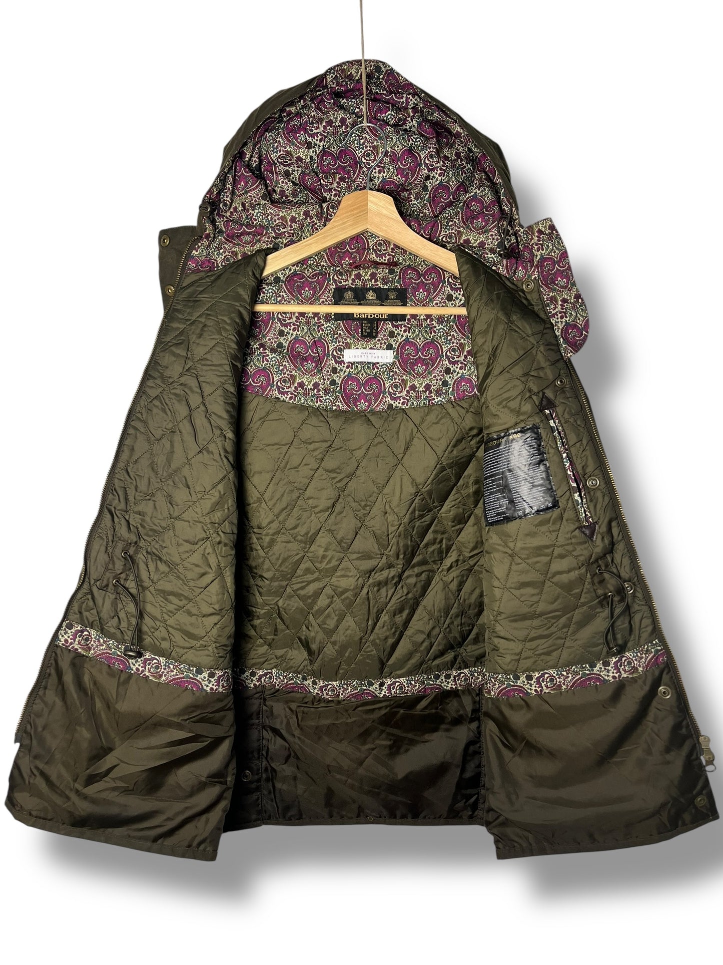 Barbour Blaise Wax Jacket Olive Liberty Fabric Women UK8 Hooded Waxed Cotton
