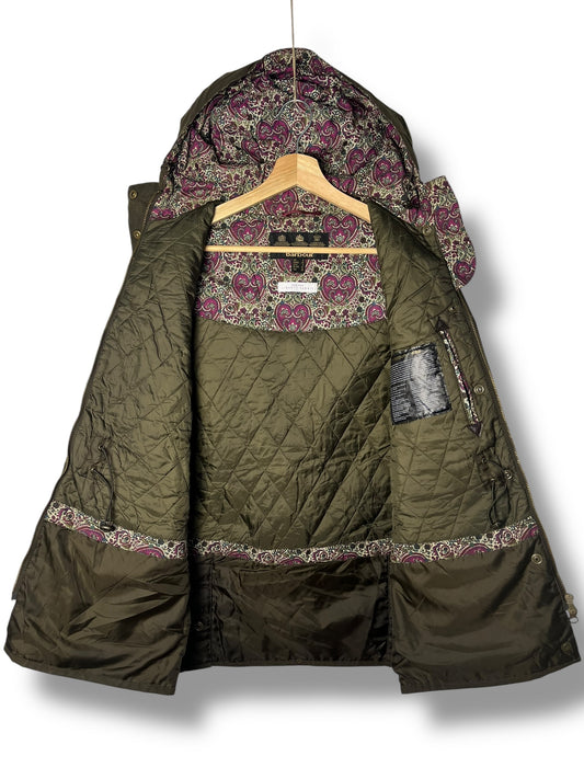 Barbour Blaise Wax Jacket Olive Liberty Fabric Women UK8 Hooded Waxed Cotton
