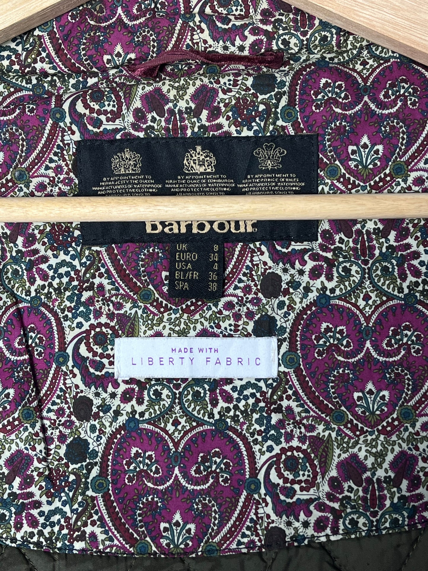Barbour Blaise Wax Jacket Olive Liberty Fabric Women UK8 Hooded Waxed Cotton